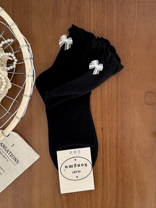 Details Rosa/Blau/Schwarz/Weiß/Gelb/Graue Wadensocken mit Rüschenbündchen und Schleife
