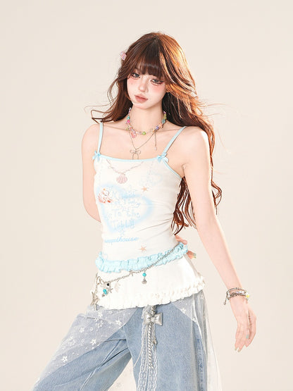 ハートプリントのフリルトリムキャミソールトップ ホワイト/ピンク