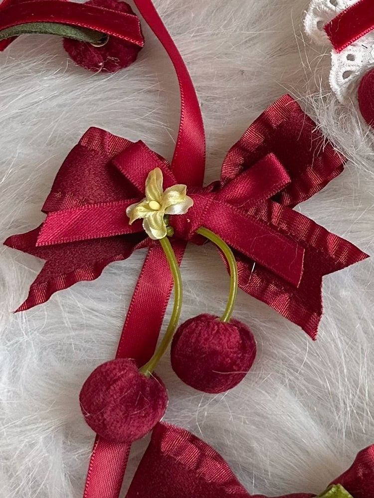 Red Wine Hairclip Sweet Cherry Velvet Bowknot Lolita