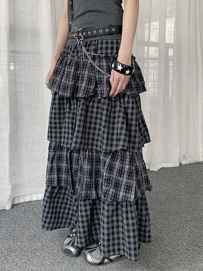Two Tone Plaid Layered Ruffle Skirt - Solkatt