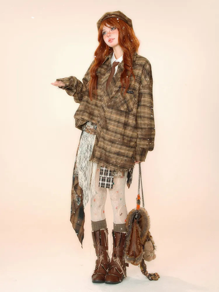 Belt Fabric Plaid Asymmetrical Skirt with and Coffee Lace Self-tie