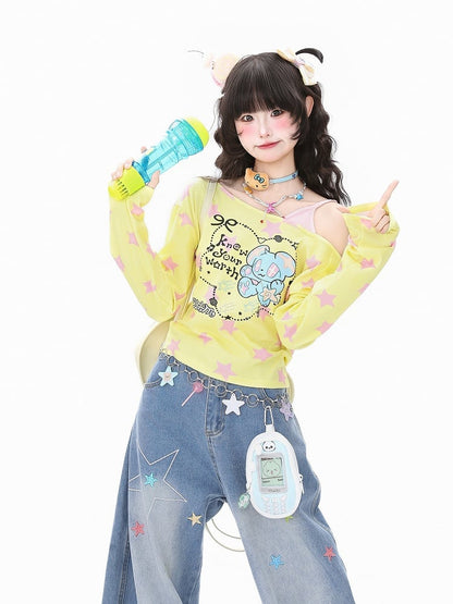 with Faux and White/Yellow Asymmetrical Two-Piece Top Cartoon One-Shoulder Star Print