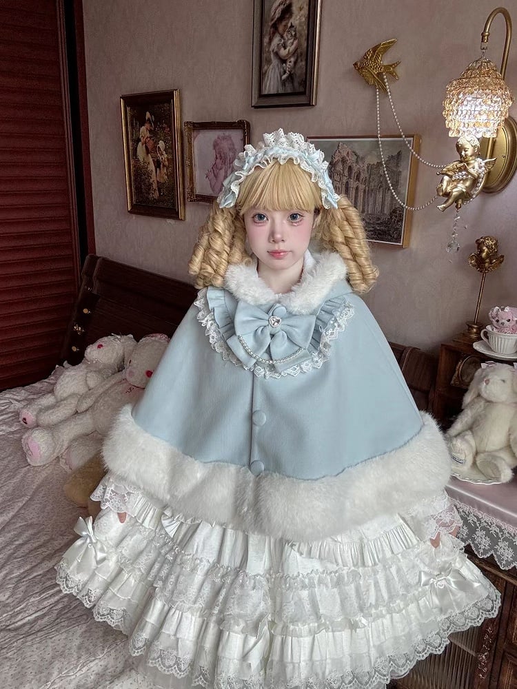 Fur Hooded Baby Cape Winter Blue Trim Woolen Lolita Faux Cat-Ear