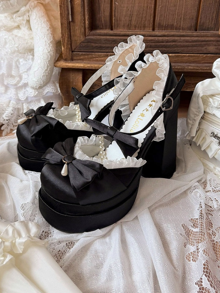 5cm Platform Black Pearl Chain & Pendant Round Toe Shoes with Lace Bow Accent 12cm Heels - Witch's Night