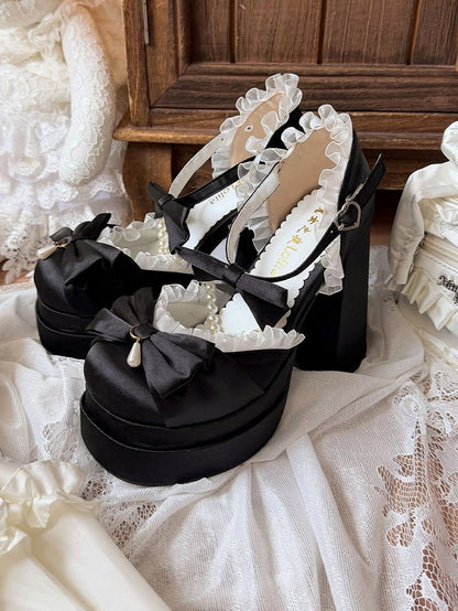 5cm Platform Black Pearl Chain & Pendant Round Toe Shoes with Lace Bow Accent 12cm Heels - Witch's Night