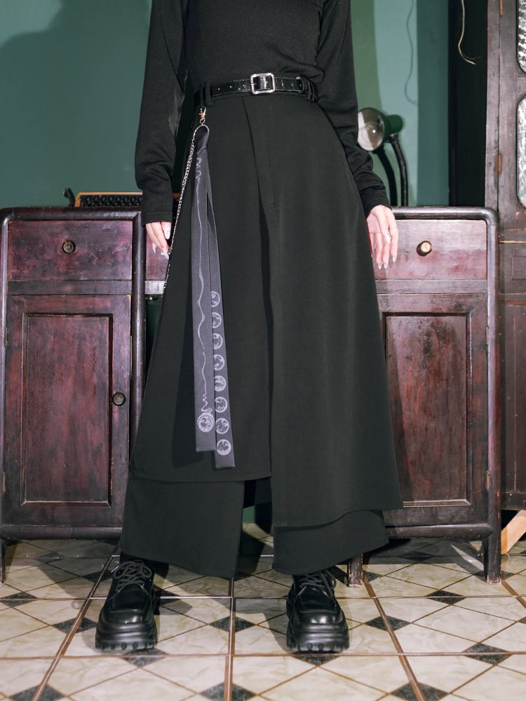 Regular/Thin with Hem Details Bird Ribbon Metal Pants Print Cheongsam Black Asymmetrical Wide-Leg Chain