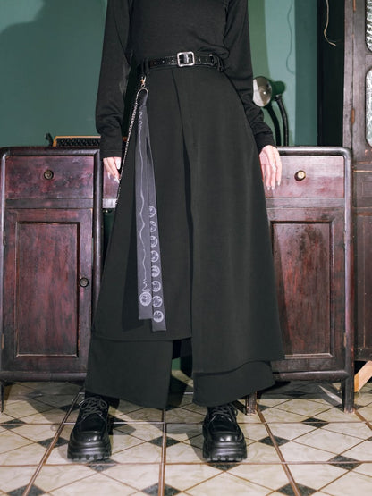 Regular/Thin with Hem Details Bird Ribbon Metal Pants Print Cheongsam Black Asymmetrical Wide-Leg Chain