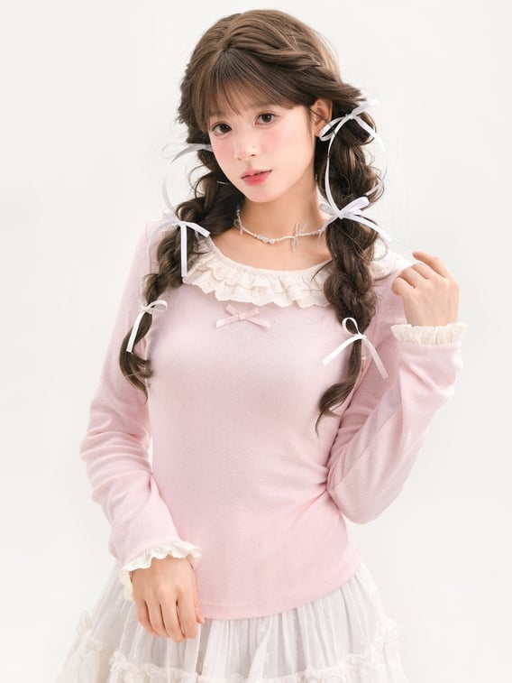 Rosafarbenes Slim-Fit-Top mit Rundhalsausschnitt und Spitzenbesatz