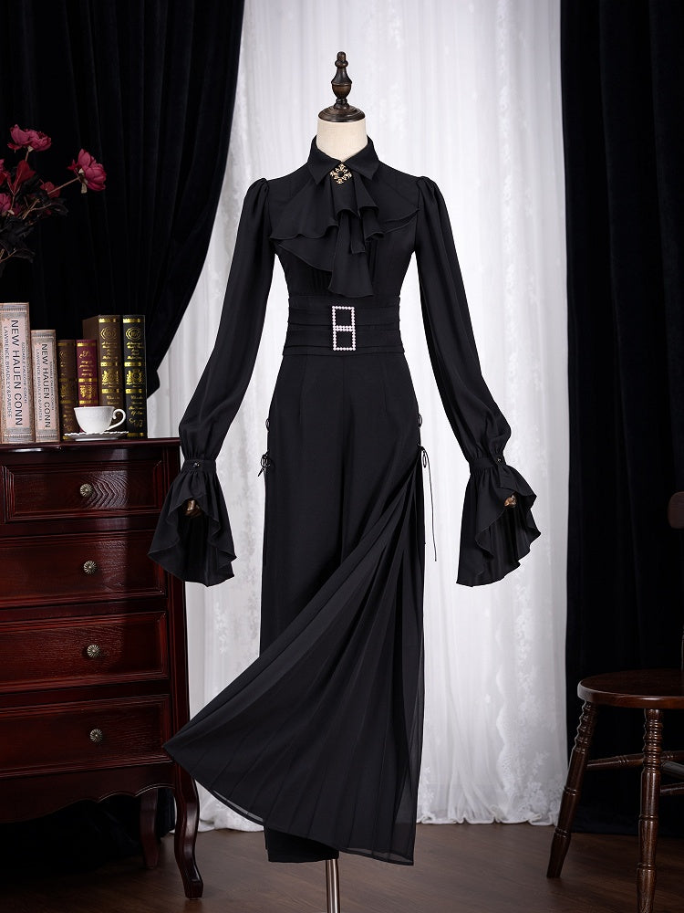 Black High Waist Flowing Pleated Chiffon Wide-leg Pants - DevilInspired Exclusive Collection