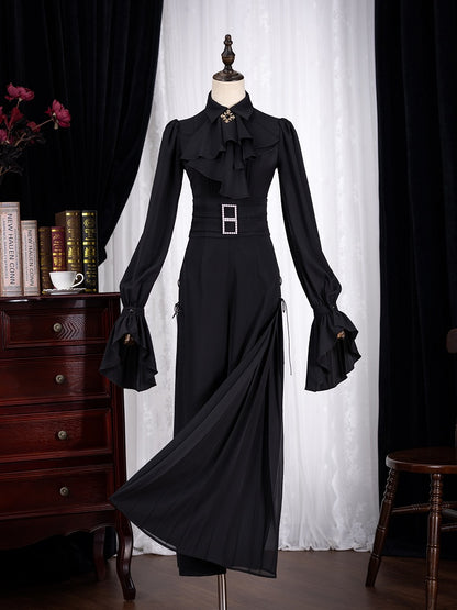 Black High Waist Flowing Pleated Chiffon Wide-leg Pants - DevilInspired Exclusive Collection