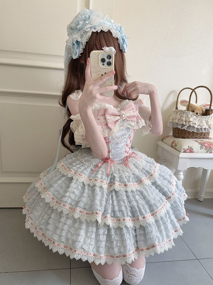 Blue Lolita Lace-up Bead Chain Details with Dress Accent Bow JSK