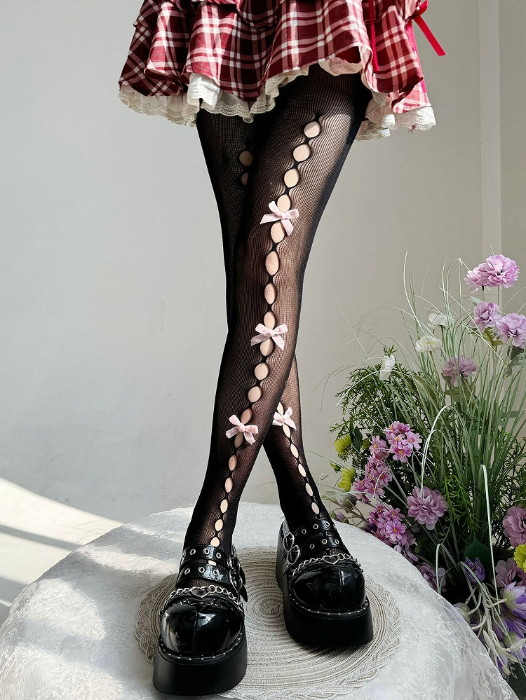 黒の半透明の蝶結びカットアウトロリータタイツ