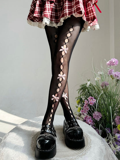 黒の半透明の蝶結びカットアウトロリータタイツ