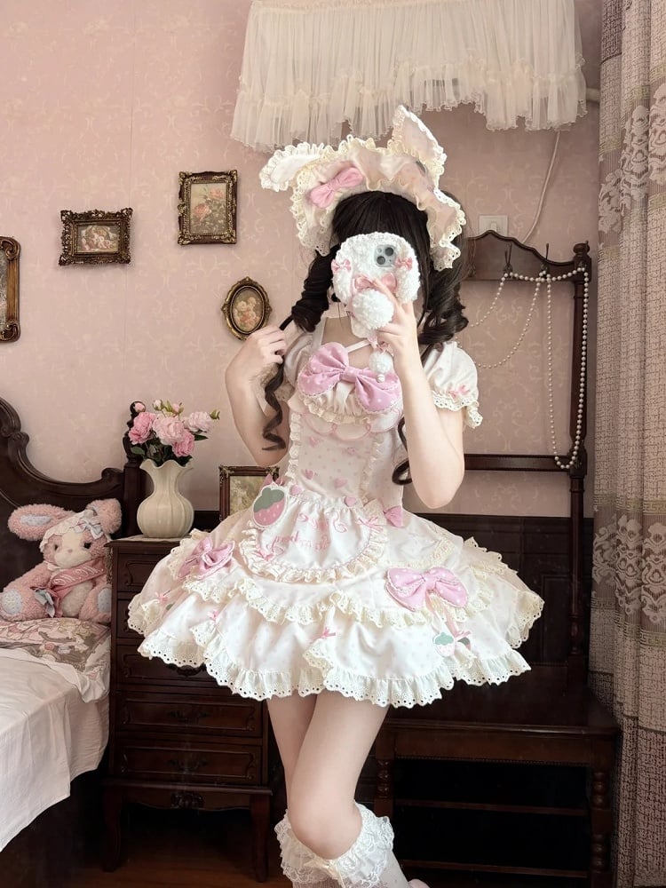 Details Lace Bow OP Strawberry with Beige Lolita Themed Cute and Polka Pink Dot Dress
