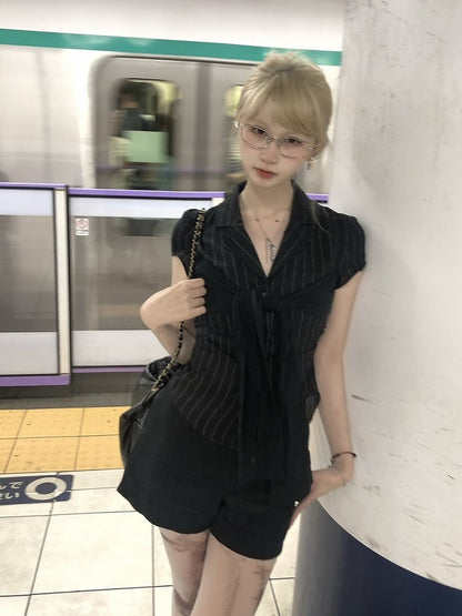 Detail Button Front Placket with Tie Striped Black Bow Shirt