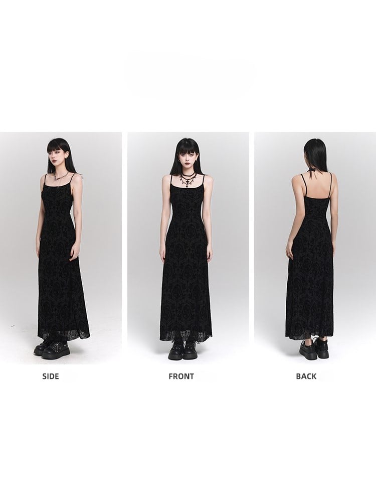 Flocked Black  Patterns Slip Ankle-Length Gothic with Floral Portraits Dress