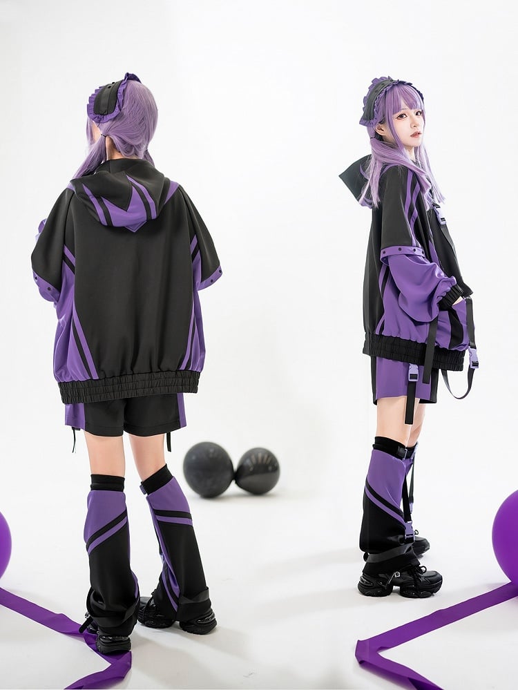 Tech Purple Colorblock Design with Decorative Snaps Landmine Style Baggy Jacket Black and
