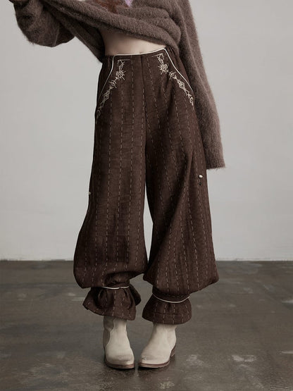 Urban Design Pants Leg-Cuff Dark Wide-Leg with Embroidered Goth Striped Thick Coffee