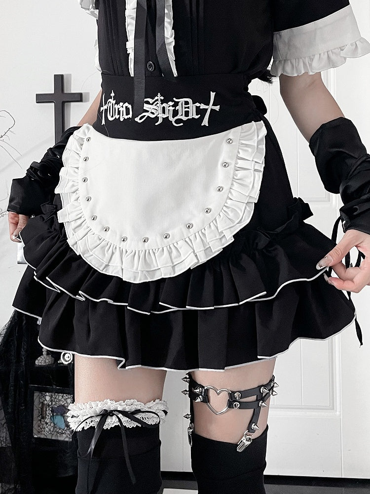 Embroidery Gothic Ruffle Apron with Tiered White Waist Studded Black Letter Skirt