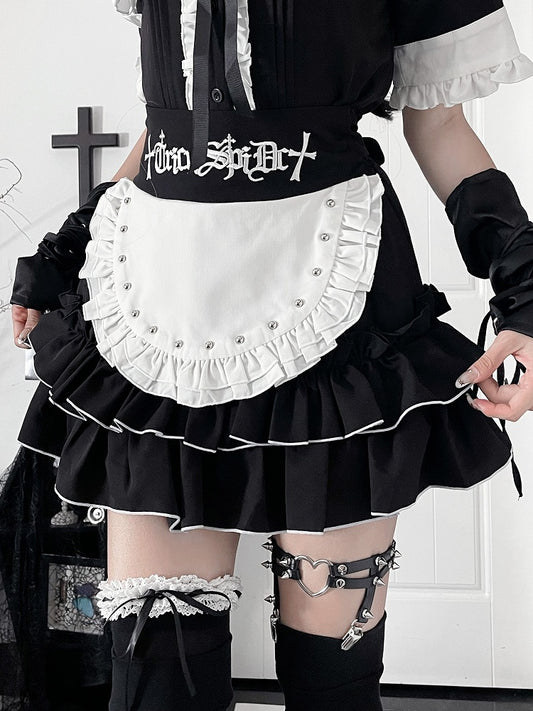 Embroidery Gothic Ruffle Apron with Tiered White Waist Studded Black Letter Skirt