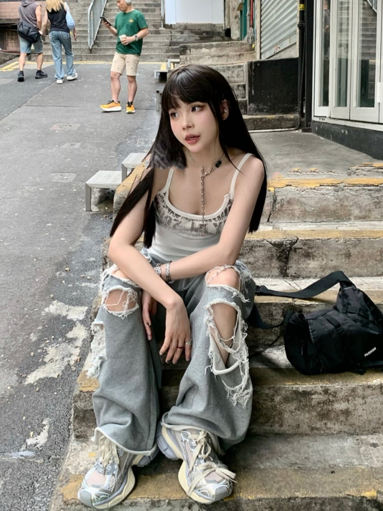 Top/Grau Elastische Taille Distressed Löcher Casual Hosen Cami Weiß Glamouröse Grafik