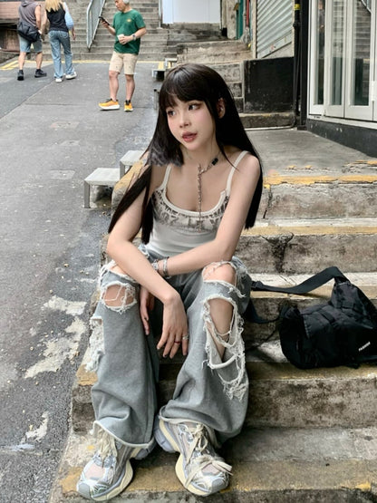 Top/Grau Elastische Taille Distressed Löcher Casual Hosen Cami Weiß Glamouröse Grafik