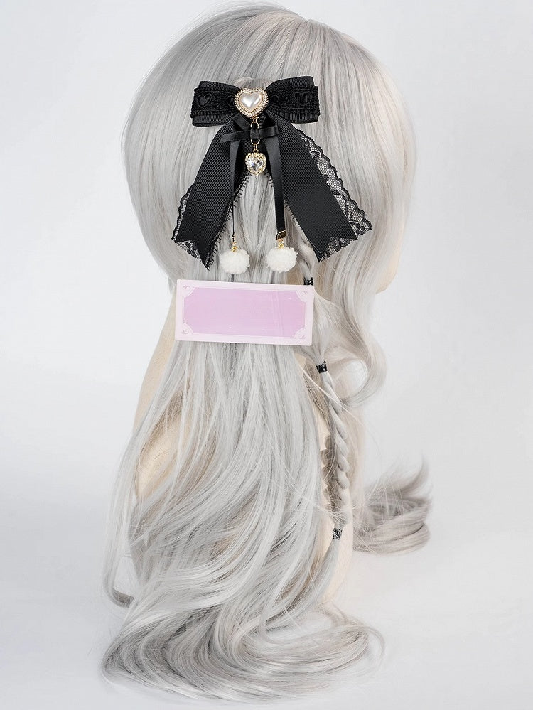 Jirai Kei Pompom Details Sweetheart Charm Bowknot Hairclip