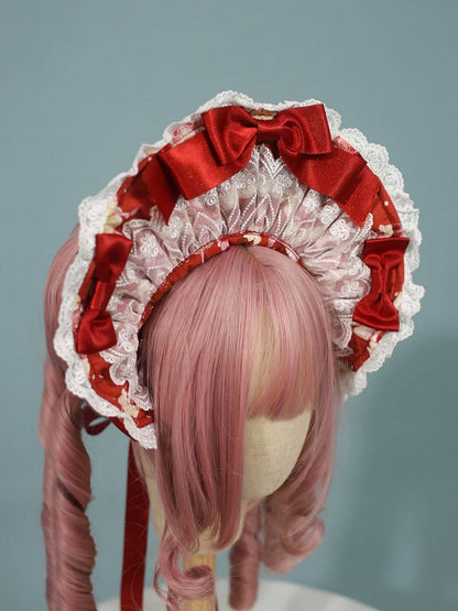Schwarze süße Haube Lolita / Rote Erdbeere mit Print Pink