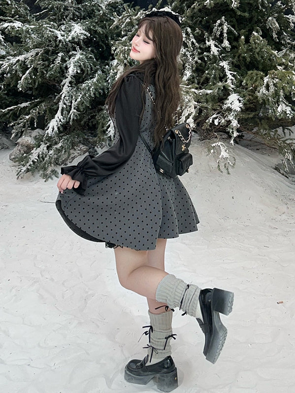 Plus Size Grey Bow Accents High Waist Polka-dot Pattern Dress