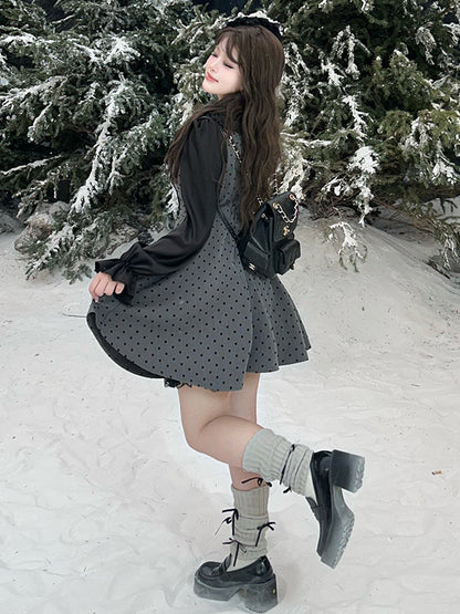 Plus Size Grey Bow Accents High Waist Polka-dot Pattern Dress