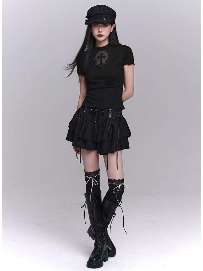 Black Coffin-shaped Cutout Cross Applique T-Shirt