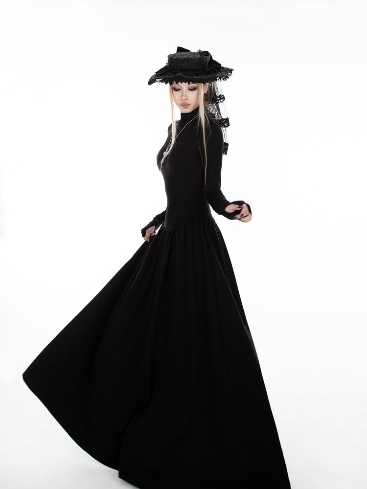Black A-Line High-Neck Dress with Gothic Thumbhole Cuffs