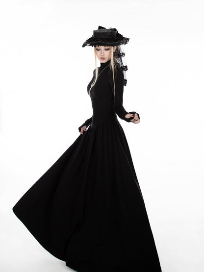 Black A-Line High-Neck Dress with Gothic Thumbhole Cuffs