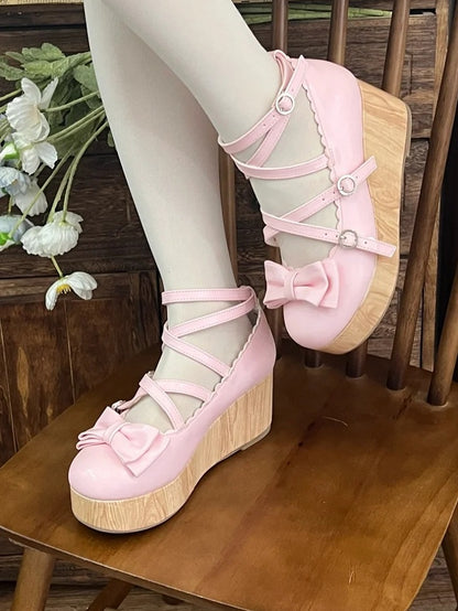 Bow Wedge Lolita Top Pink Design - at Crisscross Sweet PU Platforms