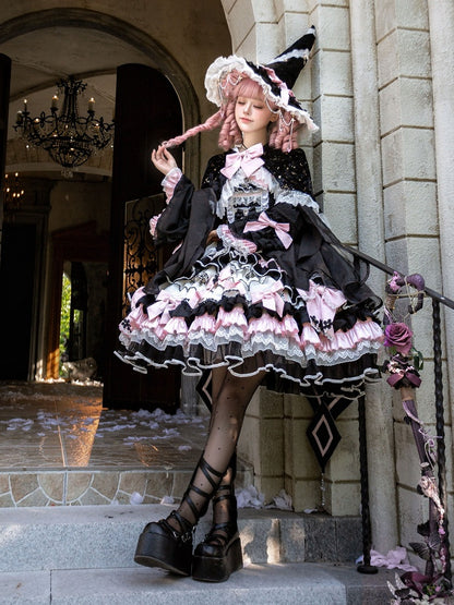 Witch-Themed Cross Accent Lolita JSK Full Ensemble in Black and Pink with Bow Train, Cape, Detachable Sleeves, Hat and Outer Sleeves - Felinae Cookie