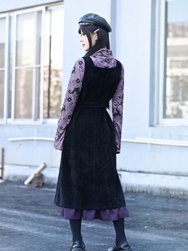 Double-Layer Hem Vest Maxi Dress in Black with Purple Bat Embroidery - Quirky Hut