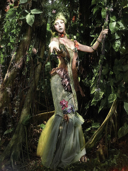 蝶と花柄のグリーンフォレストフェアリーゴスダブルレイヤーチュールヘムマーメイドスカート