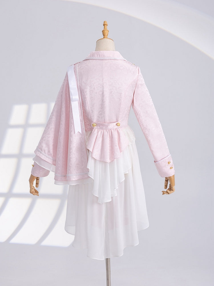 Pink Cherry Blossom Jacquard Coat with One-Shoulder Cape - DevilInspired Exclusive Collection