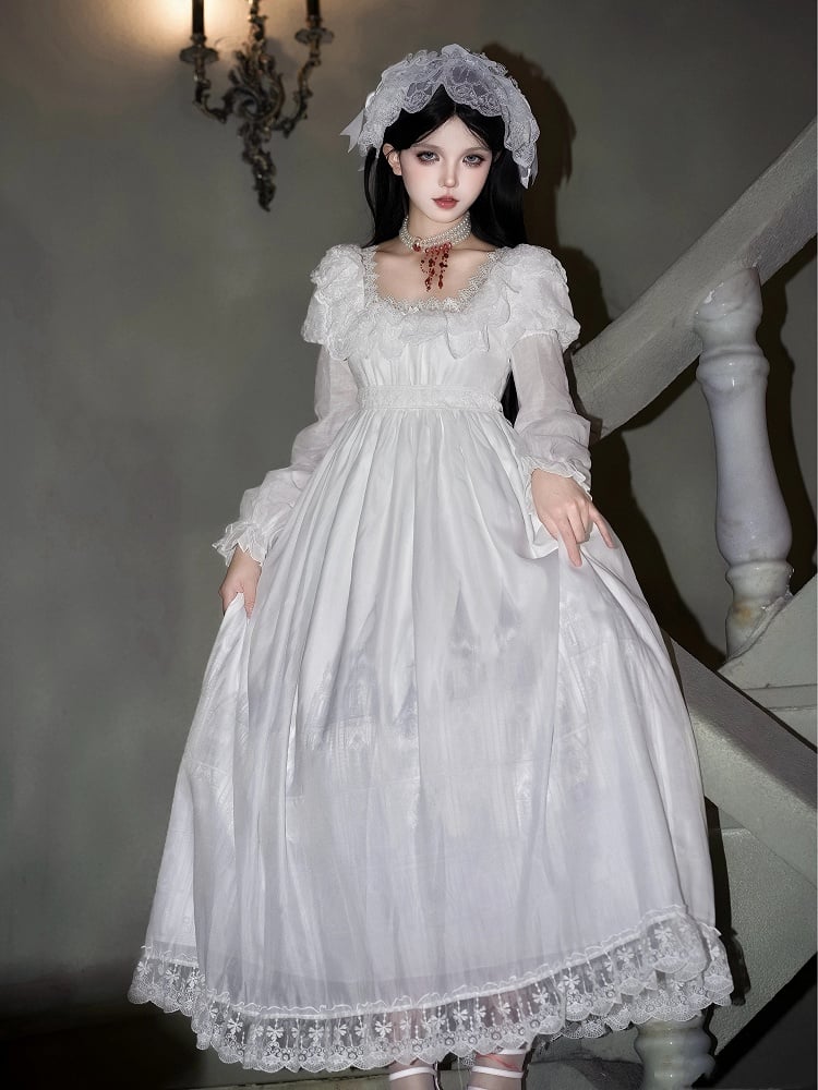 Kleid mit quadratischem Ausschnitt, Spitze, lang, Gothic, Kreuzdruck, Besatz, weiß, Lolita, Gothic, Burgversion