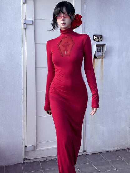 ゴシックレッドコフィンカットアウトクロスディテールハイネックマーメイドスカートマキシドレス