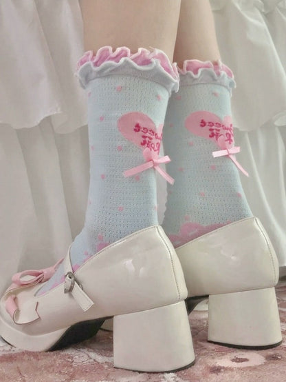 Polka Dot Heart Ankle Socks with Ruffle Lace Trim, 8 Colors - ROJI ROJI