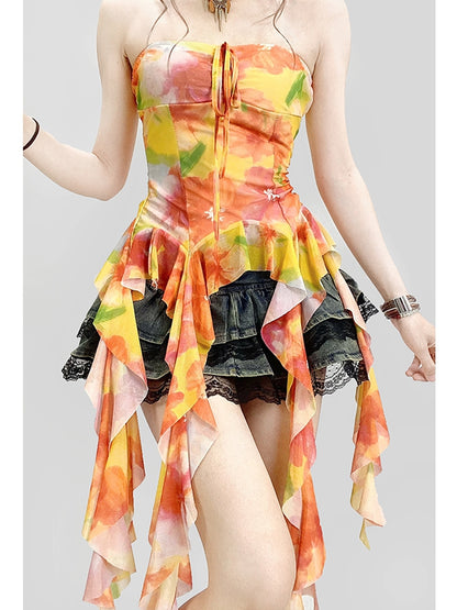 プリントトップ ラッフルアクセント オレンジチューブ ホリデーフローラルカスケーディング