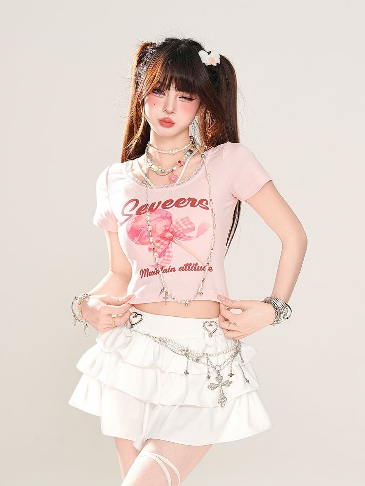 Trim Sweet Lollipop Print Spitzen-T-Shirt Rosa/Apricot Glamorous Cropped