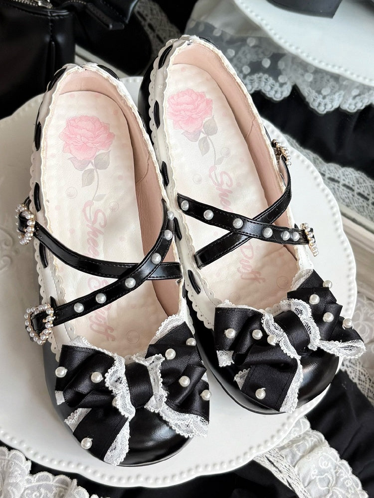 in Black Toe Mary Details Mid-heel PU Classic Shoes Lolita - Round Jane Beads