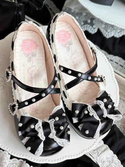 in Black Toe Mary Details Mid-heel PU Classic Shoes Lolita - Round Jane Beads
