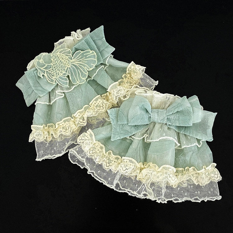 Trim Pink/Blue/Green Embroidery Wrist Lolita and Goldfish with Bow Sweet Cuffs Lace
