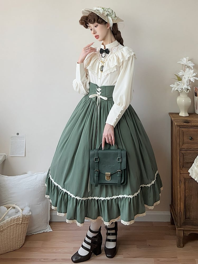 Green Boned High Waist Elegant Classic Lolita Skirt with Lace Trim