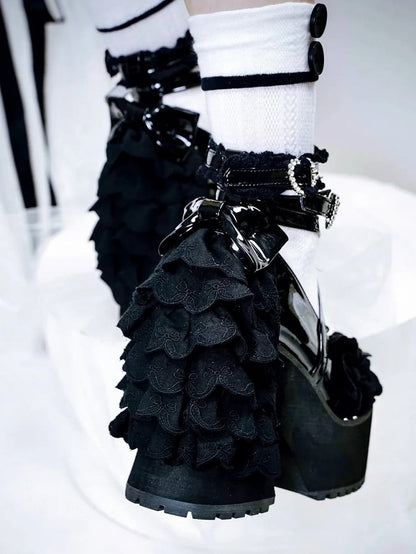 Lace High Platform Heart - with Vamp Black Gothic Buckle Block Knotted Multi-Layer Bow Heel Heels Rhinestone