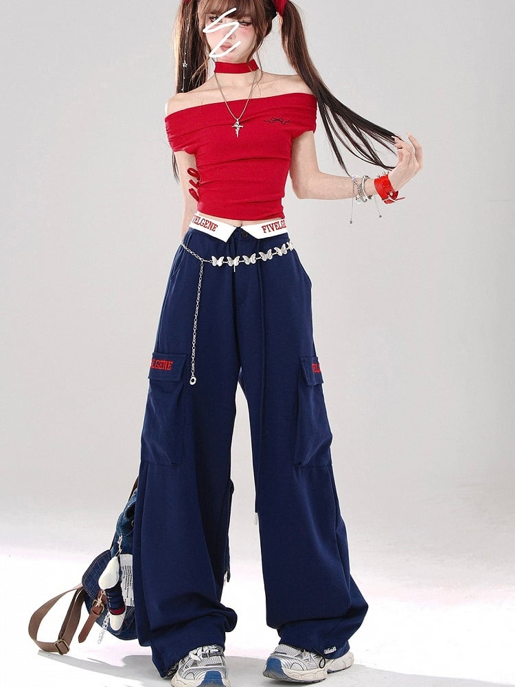 Klein Blue Wide-Leg Pants with Lettered Pocket Flaps and Foldover Waistband