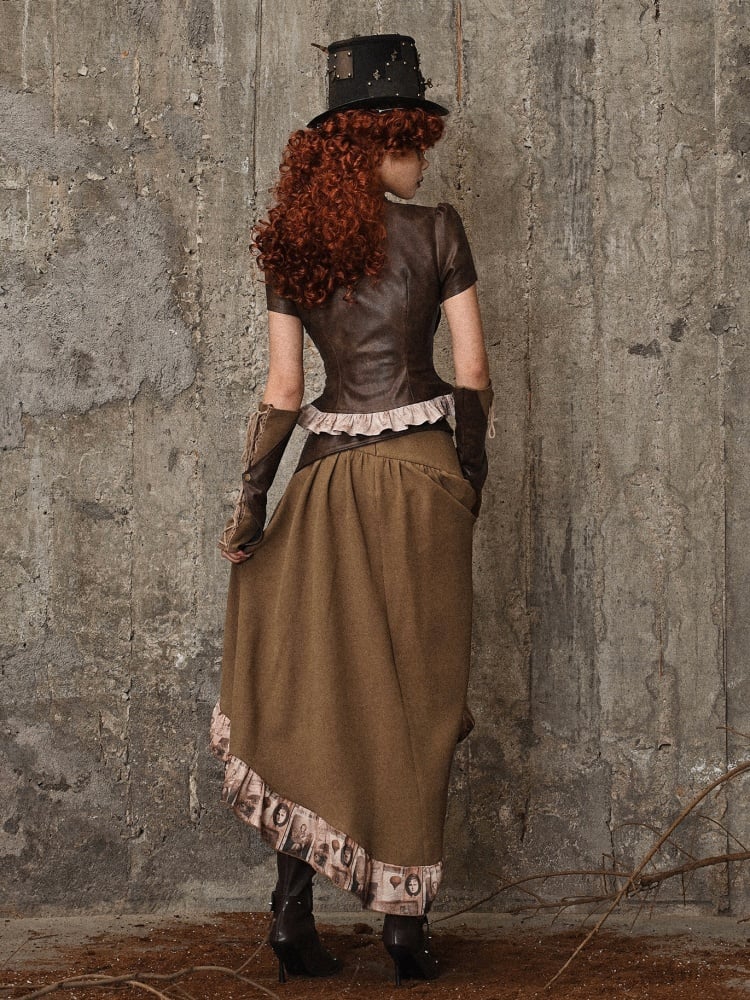 Jupe asymétrique marron style steampunk rétro à volants